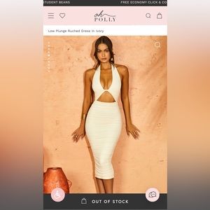 Oh Polly Low Plunge Ruched Dress In Ivory